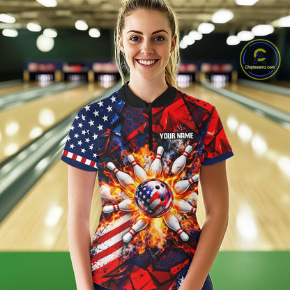 Personalized Patriotic Bowling Polo 1/4-Zip For Women Custom American Flag Flaming Bowling Strike Apparel NYN4736