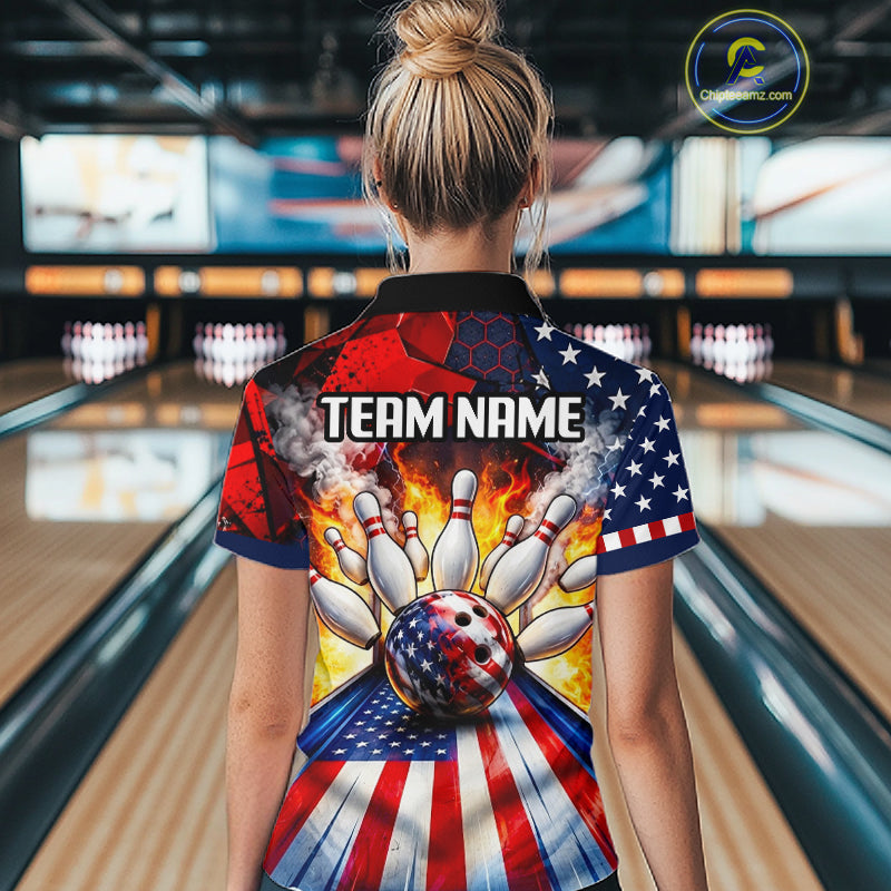 Personalized Patriotic Bowling Polo 1/4-Zip For Women Custom American Flag Flaming Bowling Strike Apparel NYN4736