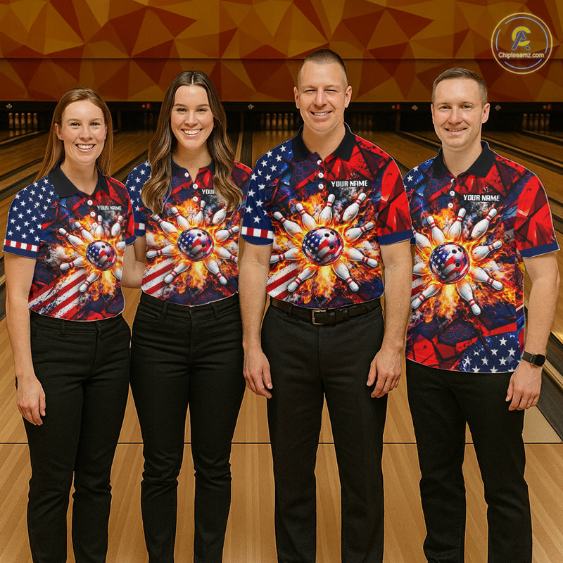 Personalized Patriotic Bowling Polo 1/4-Zip For Men Custom American Flag Flaming Bowling Strike Apparel NYN4736