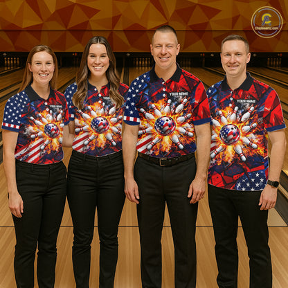 Personalized Patriotic Bowling Polo 1/4-Zip For Men Custom American Flag Flaming Bowling Strike Apparel NYN4736