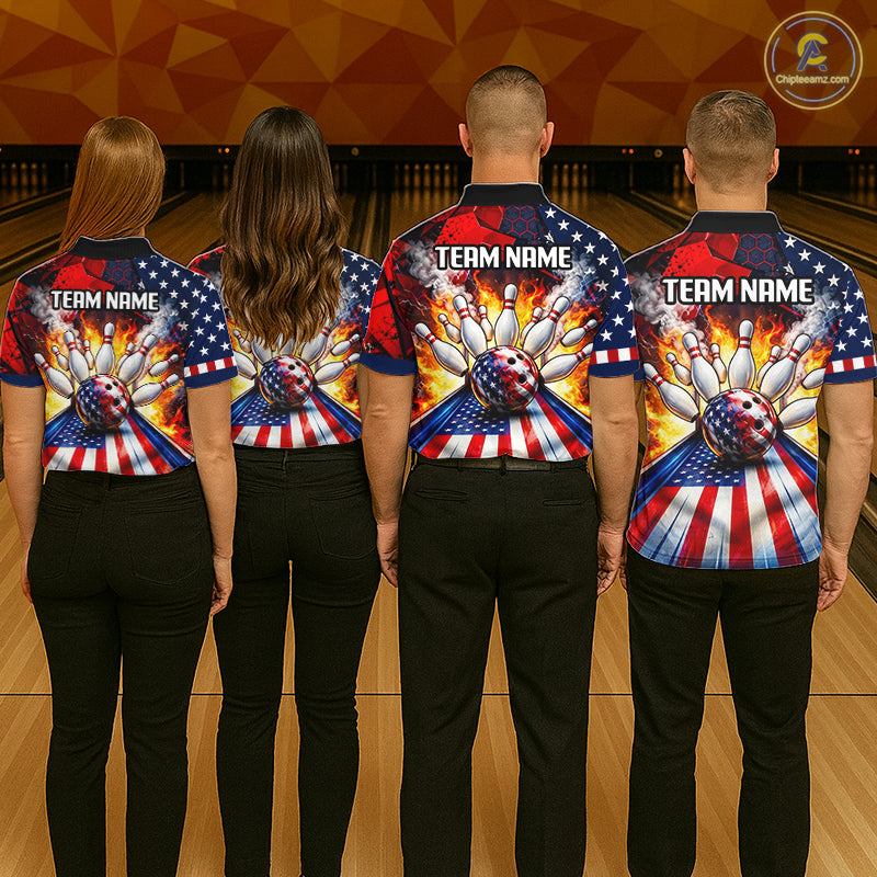 Personalized Patriotic Bowling Polo 1/4-Zip For Men Custom American Flag Flaming Bowling Strike Apparel NYN4736