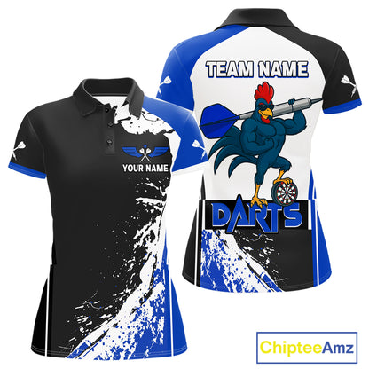 Blue Fiery Rooster Fury Dart Arrow Women Funny Darts Polo Shirt Custom Name Darts Jersey NYN2113