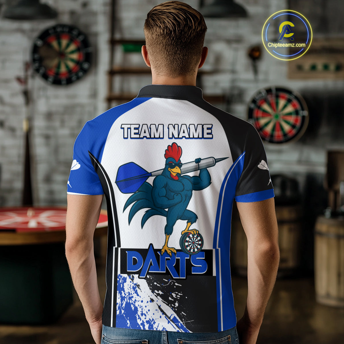 Blue Fiery Rooster Fury Dart Arrow Men Funny Darts Polo Shirt Custom Name Darts Jersey NYN2113
