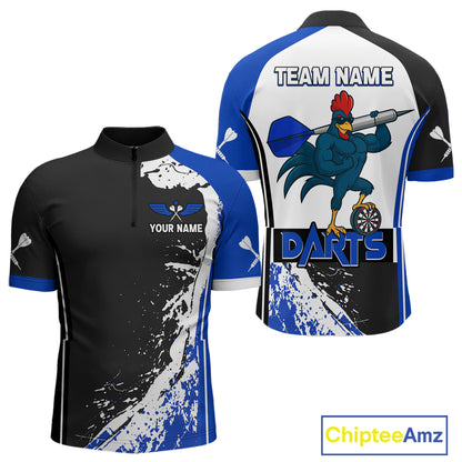 Blue Fiery Rooster Fury Dart Arrow Men Funny Darts Quarter- Zip Shirt Custom Name Darts Jersey NYN2113