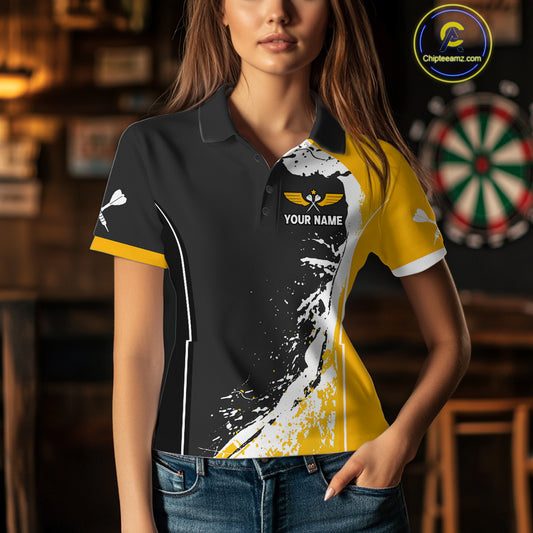 Yellow Fiery Rooster Fury Dart Arrow Women Funny Darts Polo Shirt Custom Name Darts Jersey NYN2114