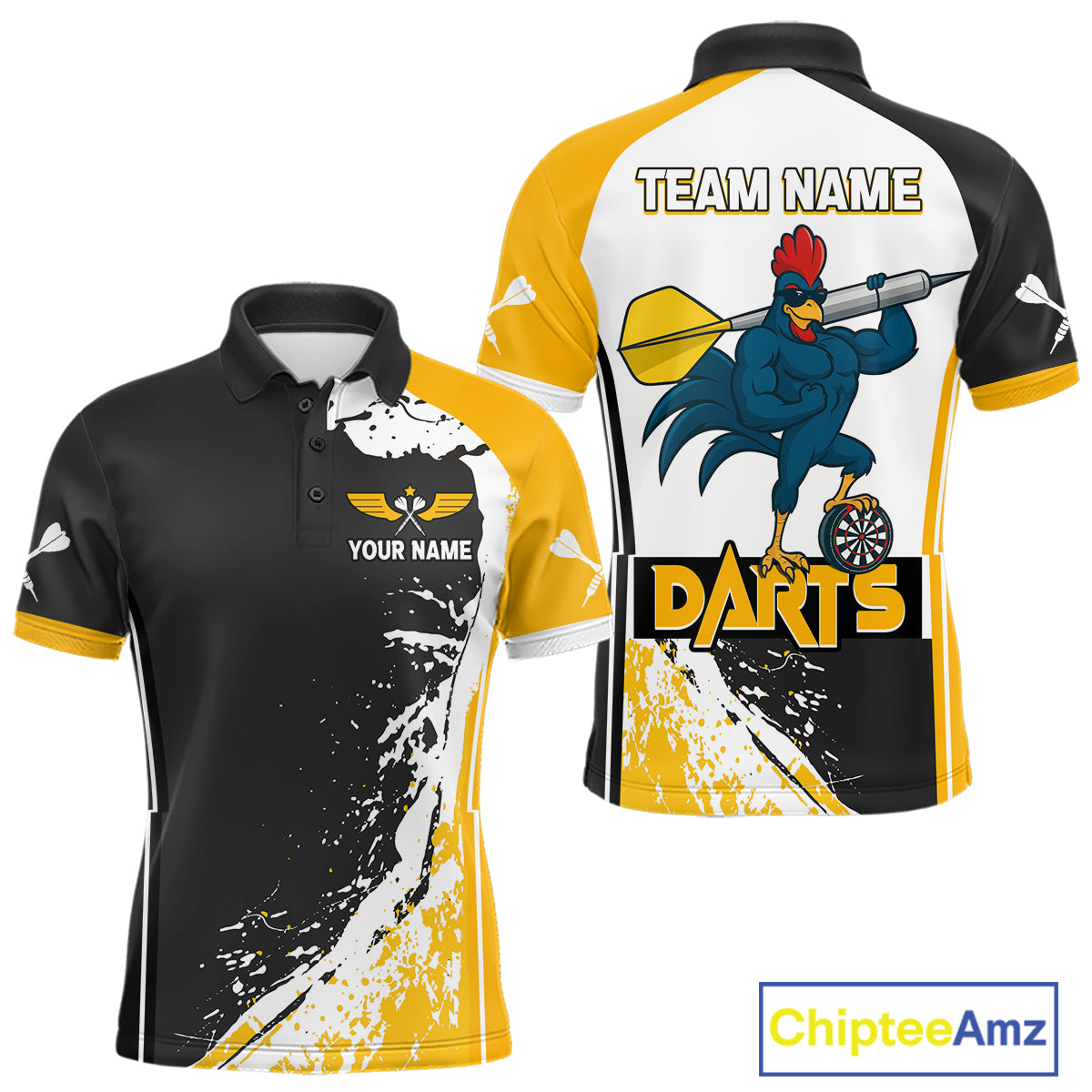 Yellow Fiery Rooster Fury Dart Arrow Men Funny Darts Polo Shirt Custom Name Darts Jersey NYN2114