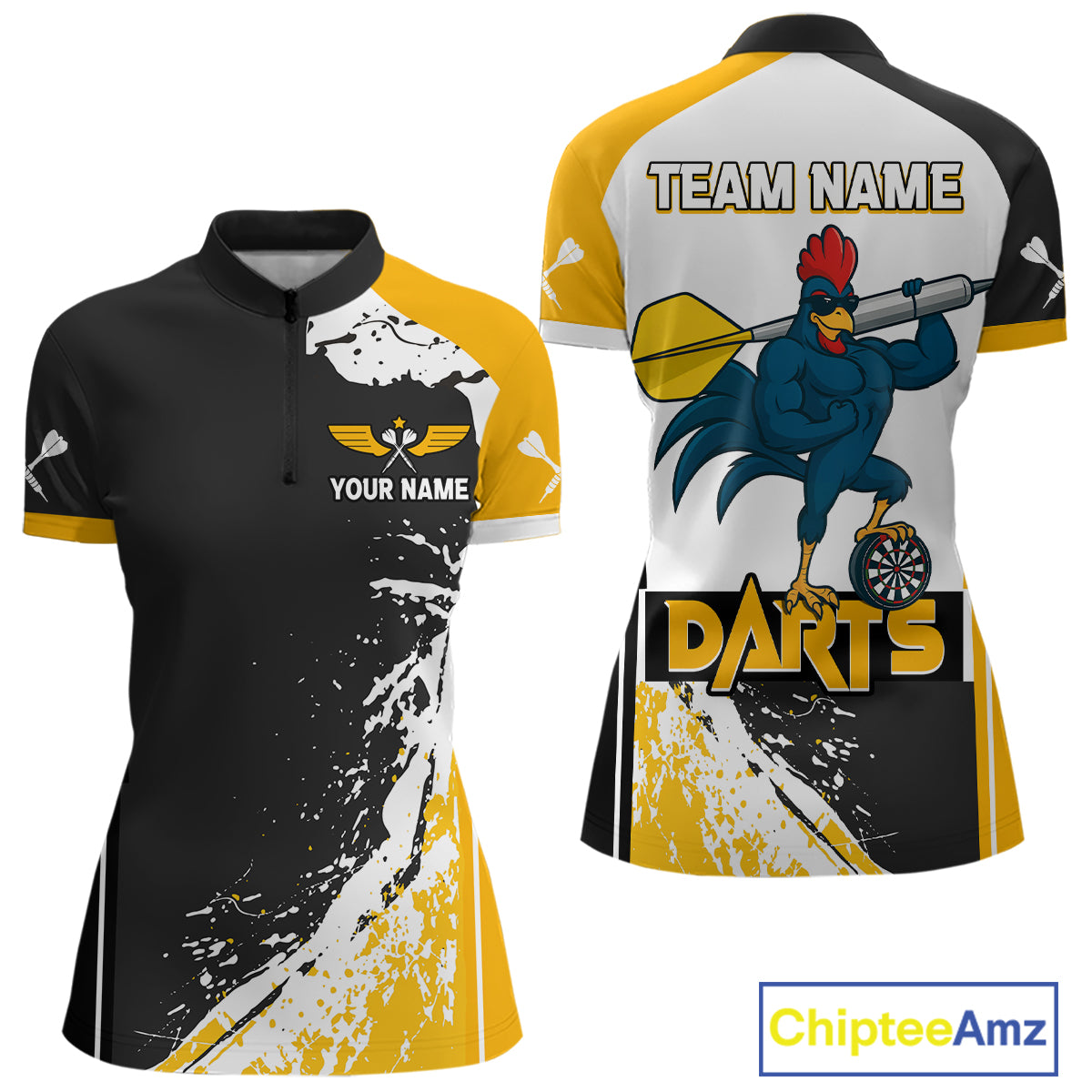 Yellow Fiery Rooster Fury Dart Arrow Women Funny Darts Quarter- Zip Shirt Custom Name Darts Jersey NYN2114