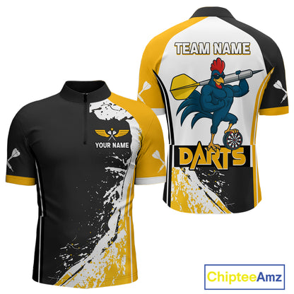 Yellow Fiery Rooster Fury Dart Arrow Men Funny Darts Quarter- Zip Shirt Custom Name Darts Jersey NYN2114