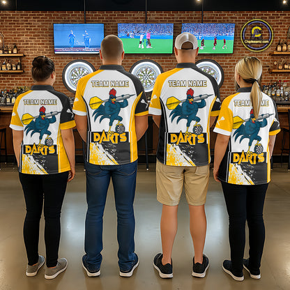 Yellow Fiery Rooster Fury Dart Arrow Women Funny Darts Quarter- Zip Shirt Custom Name Darts Jersey NYN2114