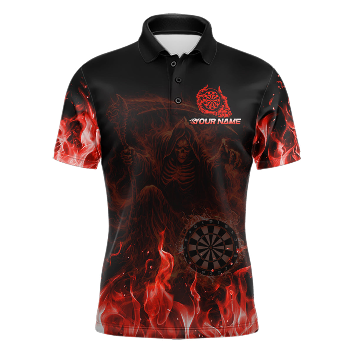 Custom Red Flaming Grim Reaper Dartboard Men Dart Polo Shirt Personalized Skull Dart Team Jerseys NYN2774