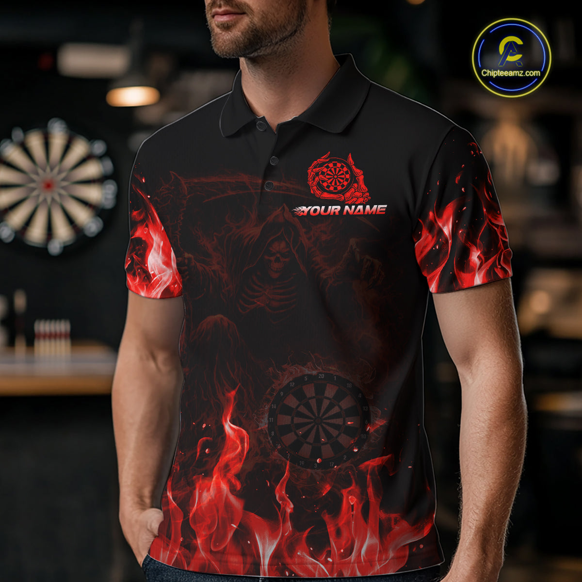 Custom Red Flaming Grim Reaper Dartboard Men Dart Polo Shirt Personalized Skull Dart Team Jerseys NYN2774