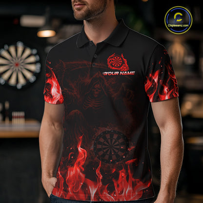 Custom Red Flaming Grim Reaper Dartboard Men Dart Polo Shirt Personalized Skull Dart Team Jerseys NYN2774