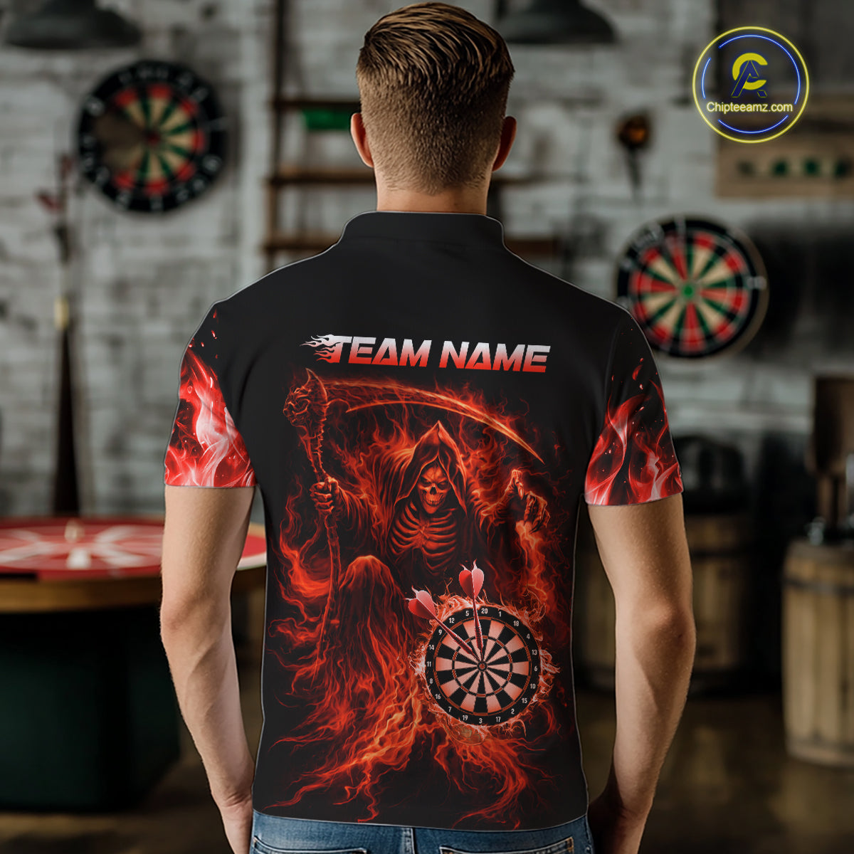Custom Red Flaming Grim Reaper Dartboard Men Dart Polo Shirt Personalized Skull Dart Team Jerseys NYN2774