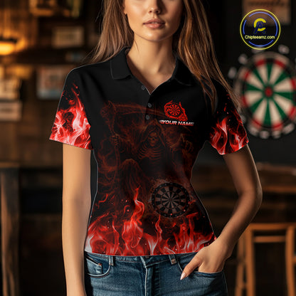 Custom Red Flaming Grim Reaper Dartboard Women Dart Polo Shirt Personalized Skull Dart Team Jerseys NYN2774