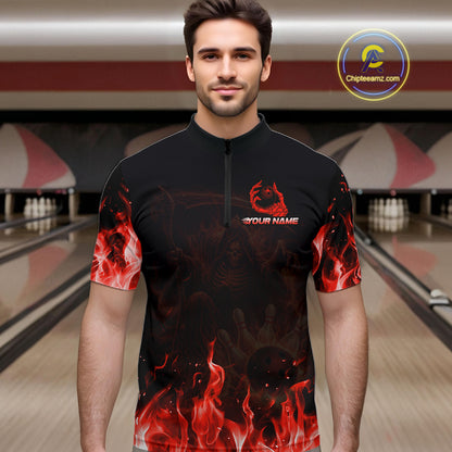 Personalized Red Flaming Grim Reaper Bowling Team Shirts For Women Bowling Polo & 1/4-Zip Jersey NYN2776