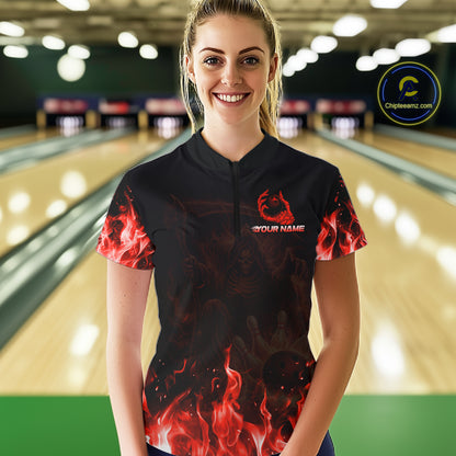 Personalized Red Flaming Grim Reaper Bowling Team Shirts For Women Bowling Polo & 1/4-Zip Jersey NYN2776