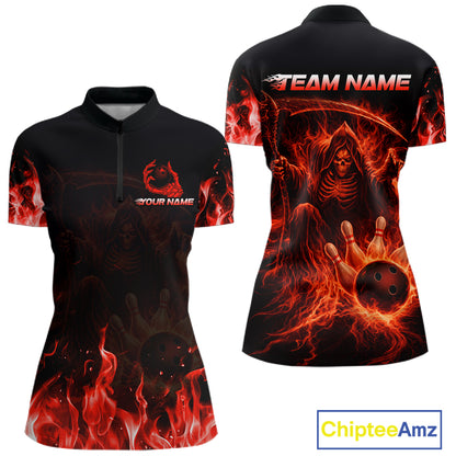 Personalized Red Flaming Grim Reaper Bowling Team Shirts For Women Bowling Polo & 1/4-Zip Jersey NYN2776