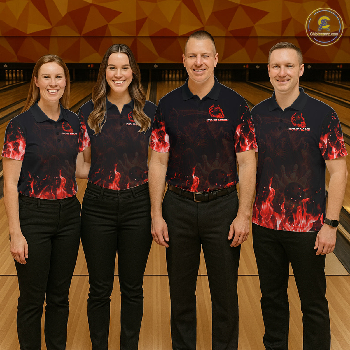 Personalized Red Flaming Grim Reaper Bowling Team Shirts For Women Bowling Polo & 1/4-Zip Jersey NYN2776