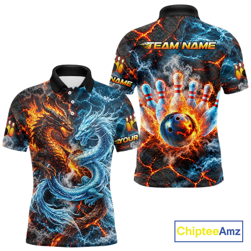 Dragon Bowling Polo 1/4-Zip Shirt For Men Custom Fire Ice Dragon Bowling Jersey Bowling Tournament Gift NYN4744