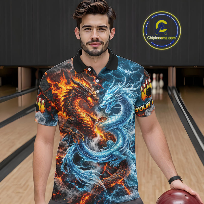 Dragon Bowling Polo 1/4-Zip Shirt For Men Custom Fire Ice Dragon Bowling Jersey Bowling Tournament Gift NYN4744