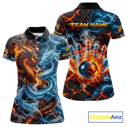 Dragon Bowling Polo 1/4-Zip Shirt For Women Custom Fire Ice Dragon Bowling Jersey Bowling Tournament Gift NYN4744