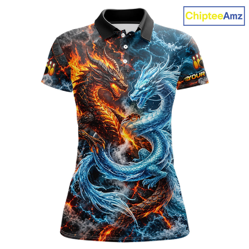 Dragon Bowling Polo 1/4-Zip Shirt For Women Custom Fire Ice Dragon Bowling Jersey Bowling Tournament Gift NYN4744