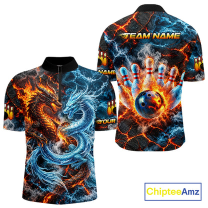 Dragon Bowling Polo 1/4-Zip Shirt For Men Custom Fire Ice Dragon Bowling Jersey Bowling Tournament Gift NYN4744