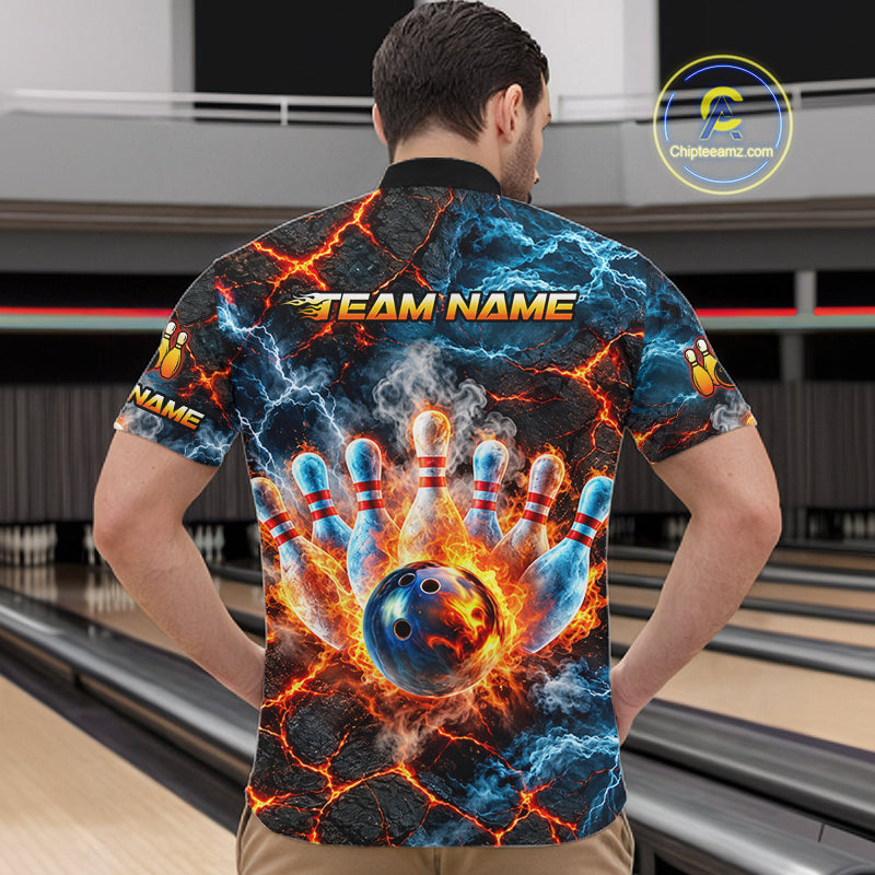Dragon Bowling Polo 1/4-Zip Shirt For Men Custom Fire Ice Dragon Bowling Jersey Bowling Tournament Gift NYN4744