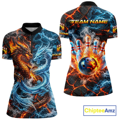 Dragon Bowling Polo 1/4-Zip Shirt For Women Custom Fire Ice Dragon Bowling Jersey Bowling Tournament Gift NYN4744