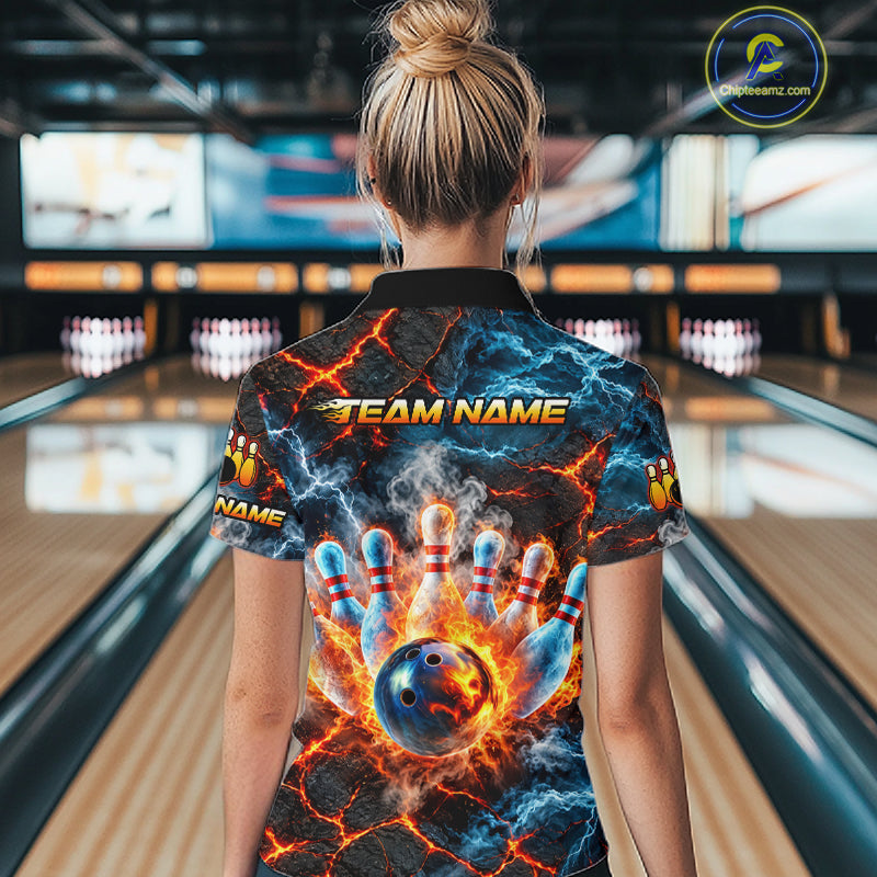 Dragon Bowling Polo 1/4-Zip Shirt For Women Custom Fire Ice Dragon Bowling Jersey Bowling Tournament Gift NYN4744