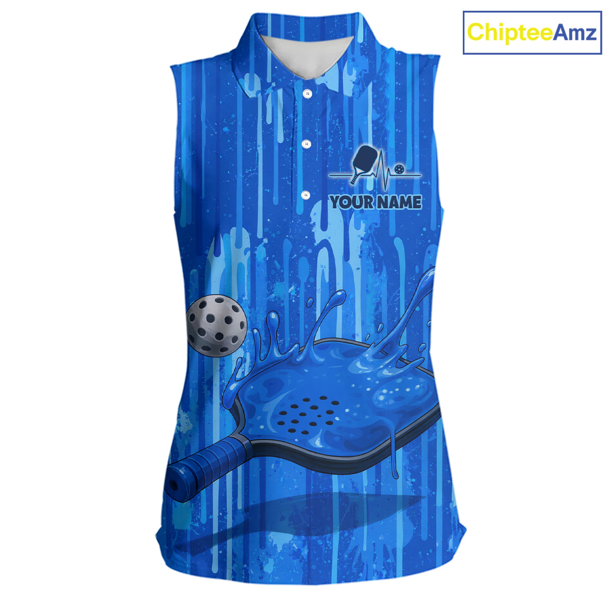 Custom Blue Dripping Pickleball Paddle & Ball Sleeveless Polo Jerseys Women Splashed Colorful Pickleball Shirt NYN2784
