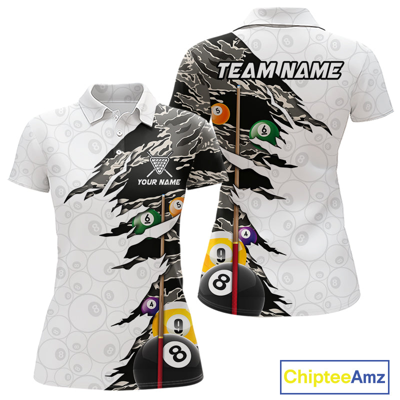 8 Ball 9 Ball Billiard Cue Shirt For Women Custom Grey Camo Pool Team Jersey
