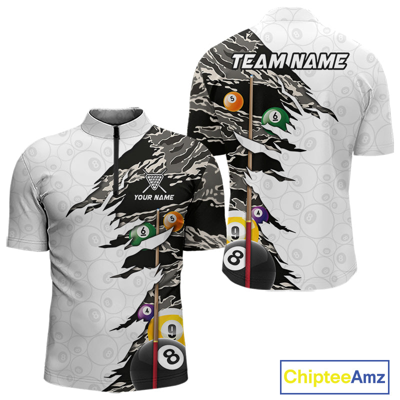 8 Ball 9 Ball Billiard Cue Shirt For Men Custom Grey Camo Pool Team Jersey
