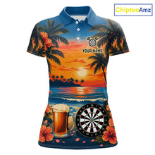 Load image into Gallery viewer, Funny Beer &amp; Dartboard women's darts polo featuring tropical sunset, beer glass and dartboard graphics, custom darts team jersey, pub league apparel, steel tip &amp; soft tip darts shirt, personalized tournament polo, vacation sportswear, moisture-wicking performance uniform