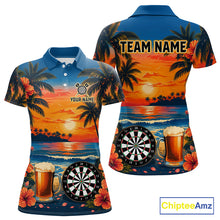Load image into Gallery viewer, Funny Beer &amp; Dartboard women's darts polo featuring tropical sunset, beer glass and dartboard graphics, custom darts team jersey, pub league apparel, steel tip &amp; soft tip darts shirt, personalized tournament polo, vacation sportswear, moisture-wicking performance uniform