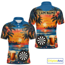 Load image into Gallery viewer, Funny Beer &amp; Dartboard men's darts polo with tropical sunset artwork, custom dart team jersey, bar league shirt, pub tournament apparel, steel tip darts uniform, personalized athletic polo, championship sportswear