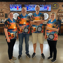Load image into Gallery viewer, Matching Funny Beer &amp; Dartboard darts team jerseys for men and women, tropical pub league uniforms, personalized dart tournament apparel, bachelor party shirts, team vacation clothing, championship darts team outfit