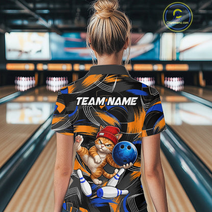Blue And Orange Funny Cat Bowling Shirts For Women Personalized Bowling Team Name Outfits NYN3979