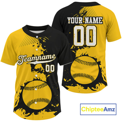 Personalized Black Yellow Baseball Ball Shirt For Men Grunge Baseball Jerseys Gifts NYN1600