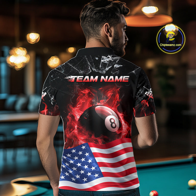 American Flag 8 Ball Pool Polo 1/4-Zip Shirt For Men Personalized Red Flames Billiard Team Apparel NYN4762