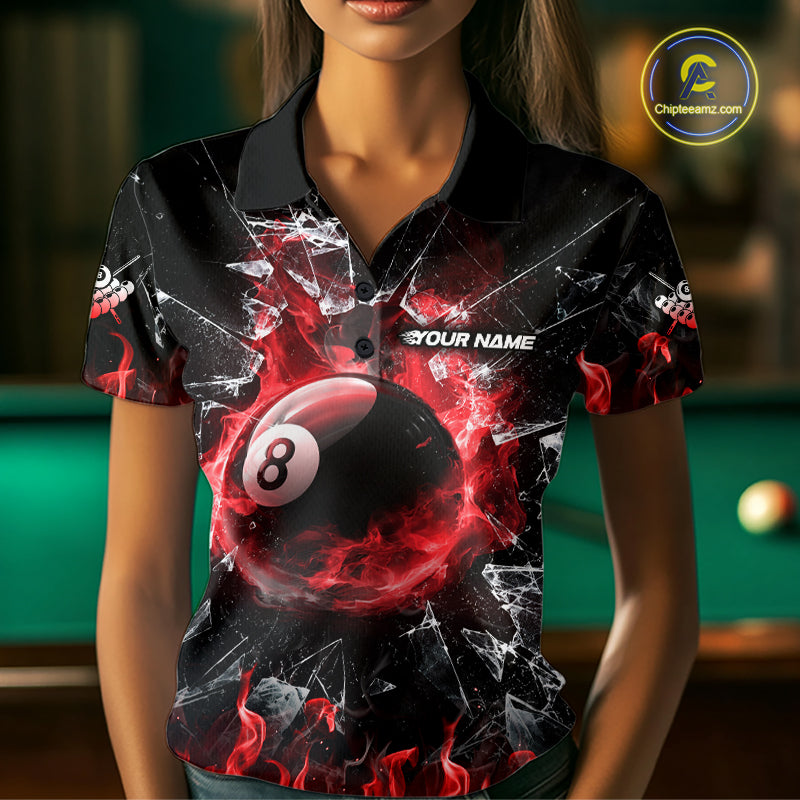 American Flag 8 Ball Pool Polo 1/4-Zip Shirt For Women Personalized Red Flames Billiard Team Apparel NYN4762