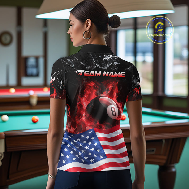 American Flag 8 Ball Pool Polo 1/4-Zip Shirt For Women Personalized Red Flames Billiard Team Apparel NYN4762