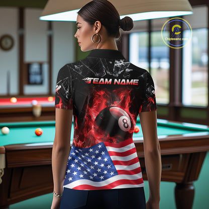 American Flag 8 Ball Pool Polo 1/4-Zip Shirt For Women Personalized Red Flames Billiard Team Apparel NYN4762