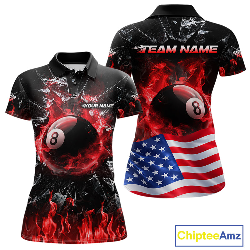 American Flag 8 Ball Pool Polo 1/4-Zip Shirt For Women Personalized Red Flames Billiard Team Apparel NYN4762