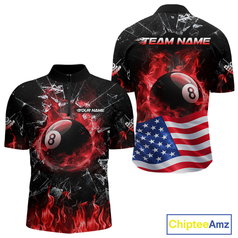 American Flag 8 Ball Pool Polo 1/4-Zip Shirt For Men Personalized Red Flames Billiard Team Apparel NYN4762