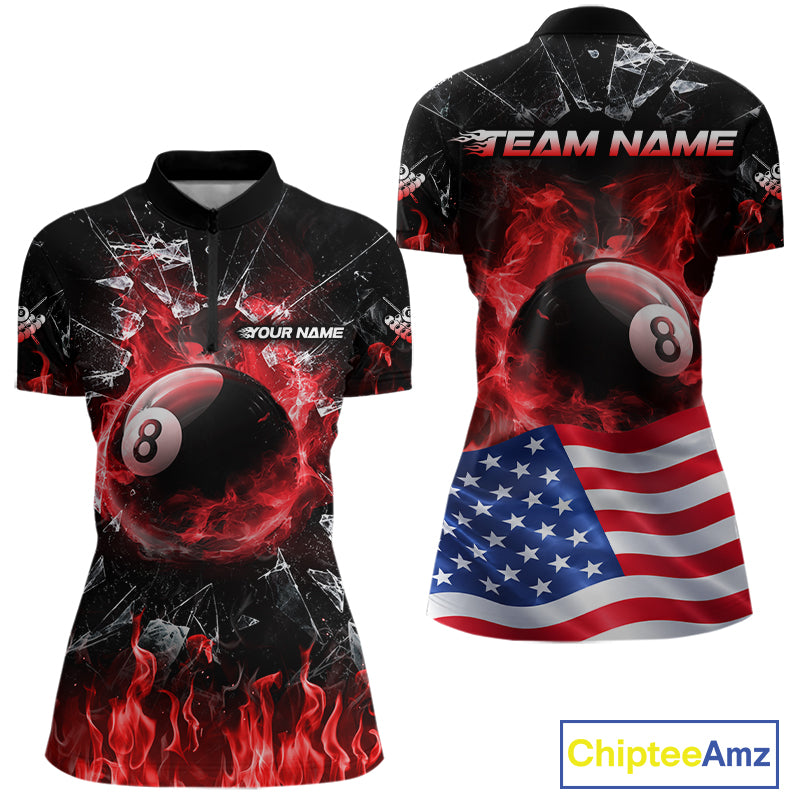 American Flag 8 Ball Pool Polo 1/4-Zip Shirt For Women Personalized Red Flames Billiard Team Apparel NYN4762