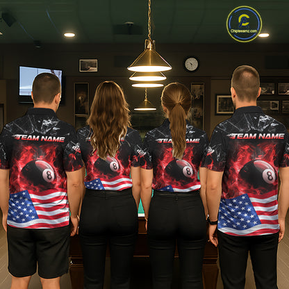 American Flag 8 Ball Pool Polo 1/4-Zip Shirt For Men Personalized Red Flames Billiard Team Apparel NYN4762