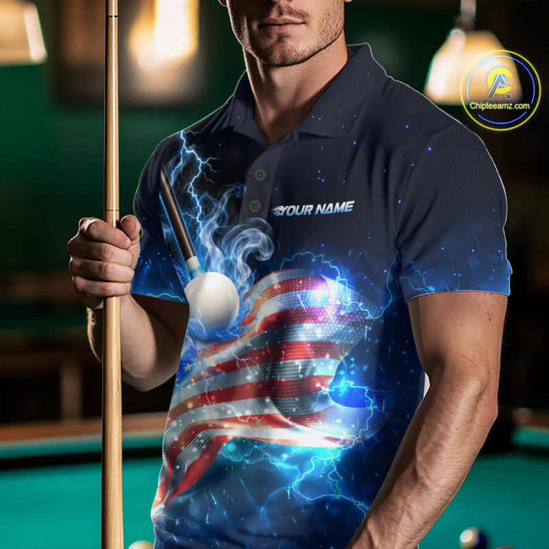 Electric Blue Lightning Billiard Polo 1/4-Zip Shirt For Men Custom US Flag Pool Billiard Uniform NYN4766