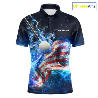 Electric Blue Lightning Billiard Polo 1/4-Zip Shirt For Men Custom US Flag Pool Billiard Uniform NYN4766