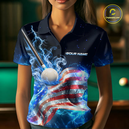 Electric Blue Lightning Billiard Polo 1/4-Zip Shirt For Women Custom US Flag Pool Billiard Uniform NYN4766